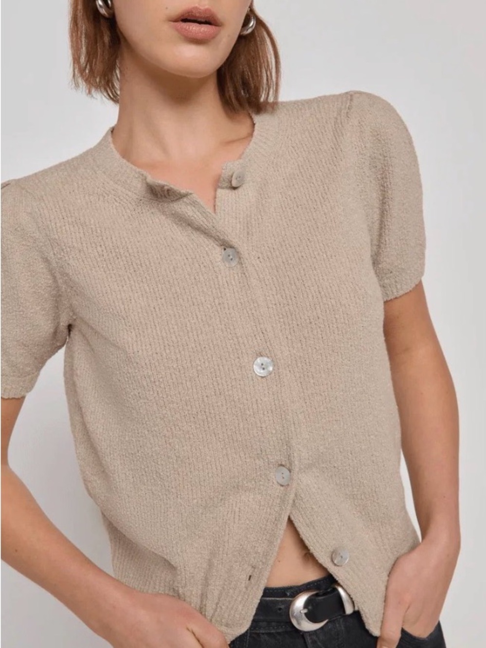 Nation LTD Short-Sleeve Button Cardigan in Beige Taupe